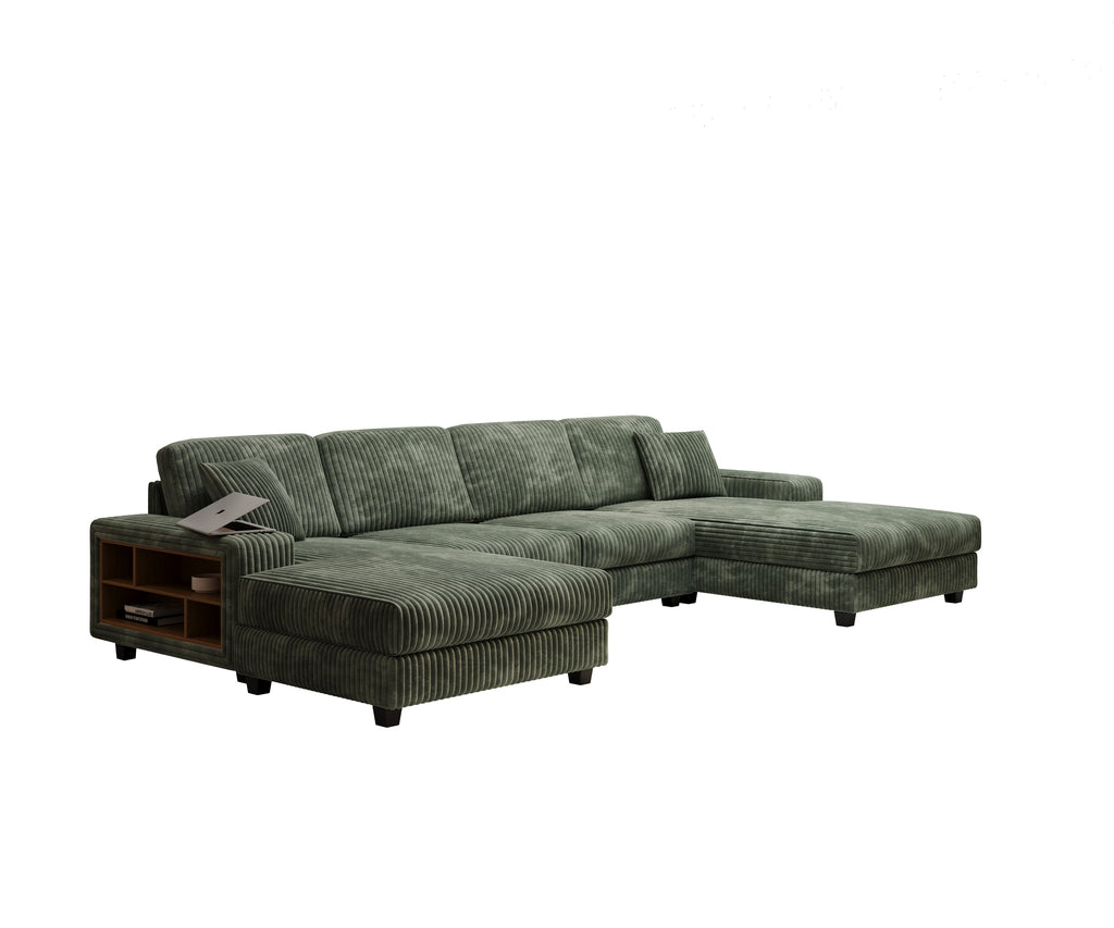 Convertible U-shaped Combination Sofa, Corduroy Fabric, Modern Comfortable Large Size 4 Seat Sofa, Living Room Double Lounge Chair ,Green