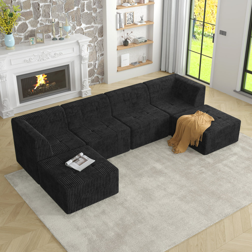 U shape Modular Sectional Sofa, Compressed Sectional Sofa Modern Minimalist Style Corduroy Couch, Sleeper Sofa for Living Room, Bedroom, Comfy Compressed Sofa Couch Space-Efficient Design-black