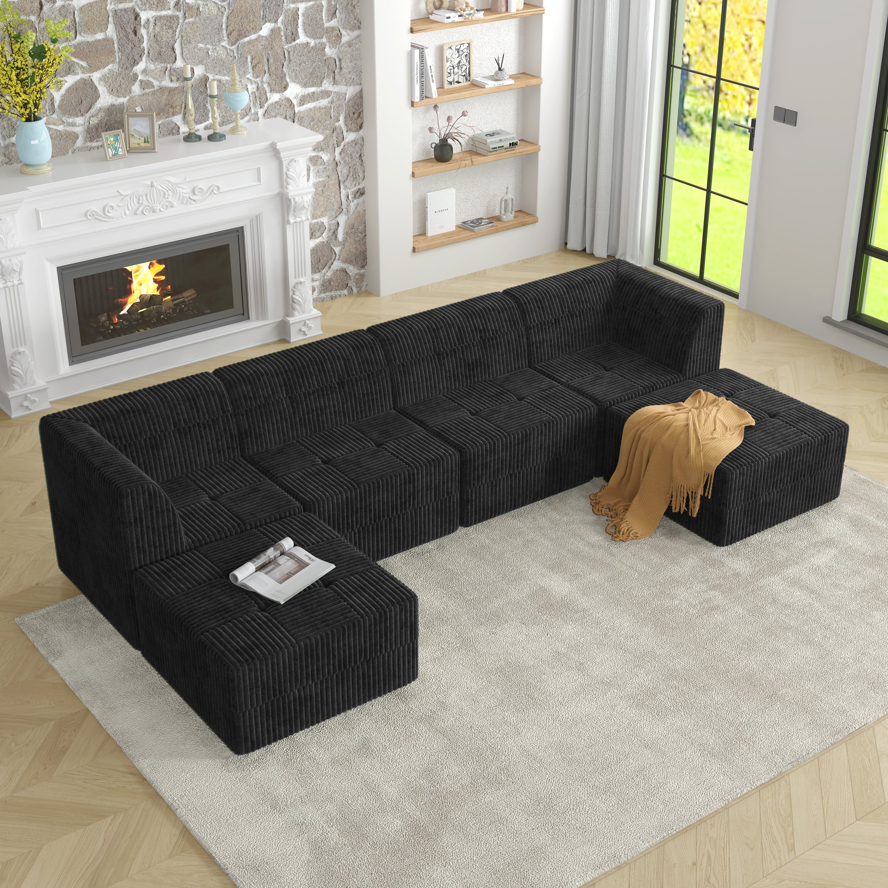 U shape Modular Sectional Sofa, Compressed Sectional Sofa Modern Minimalist Style Corduroy Couch, Sleeper Sofa for Living Room, Bedroom, Comfy Compressed Sofa Couch Space-Efficient Design-black