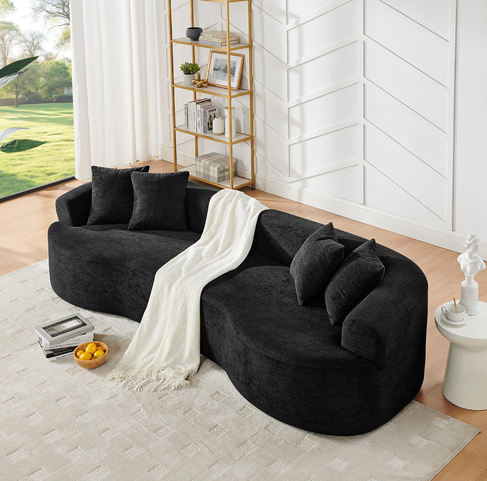 Modern Cloud 4-Seater Sectional Curved Sofa, Minimalist Compression Living Room Couch, No Assembly Needed, Chenille, Black