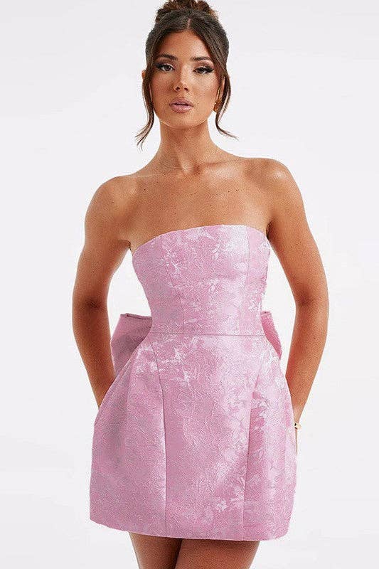 Sexy Jacquard Pastel Pink Strapless Bow Dress
