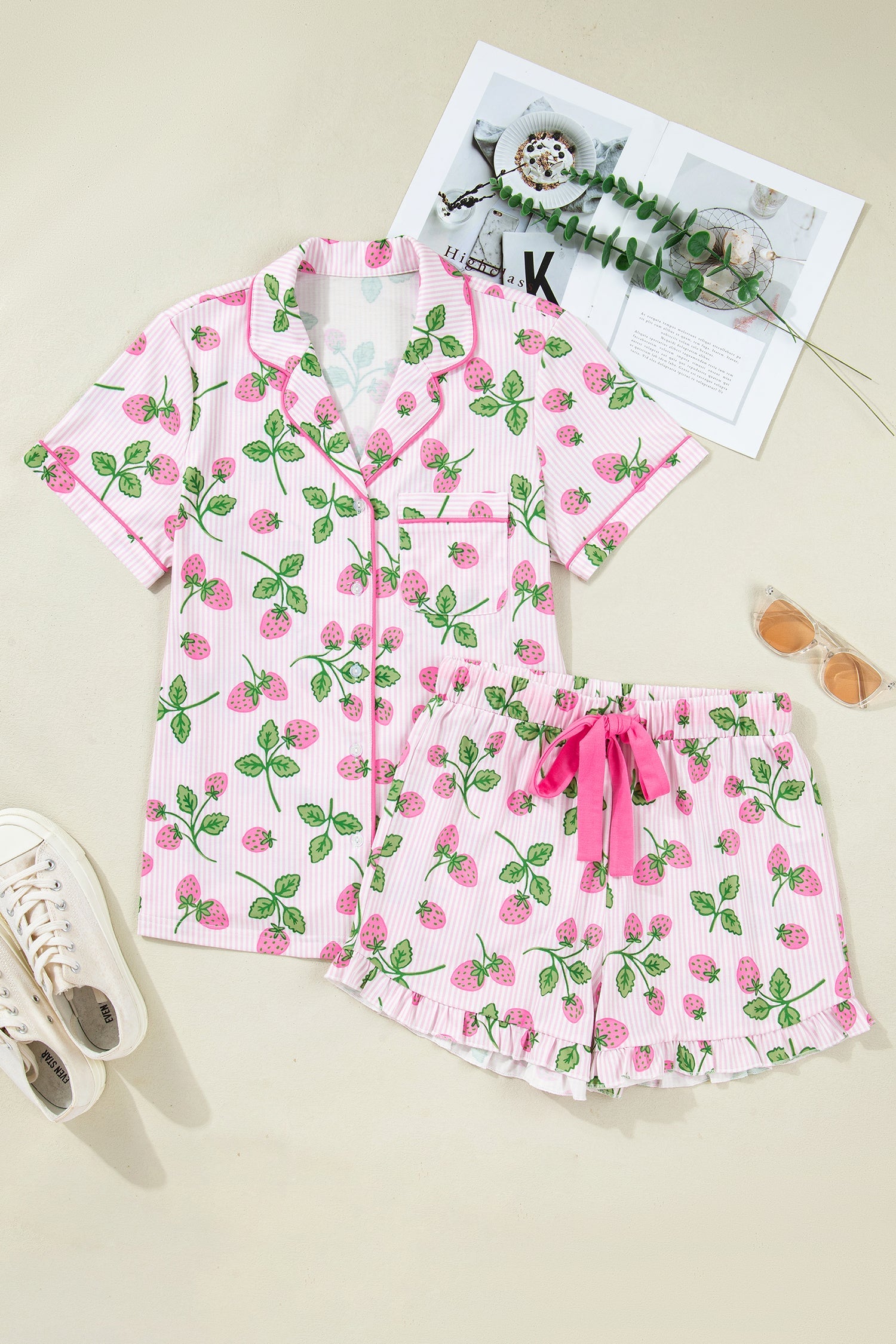 Stripe Strawberry Lapel Shirt & Drawstring Shorts Set