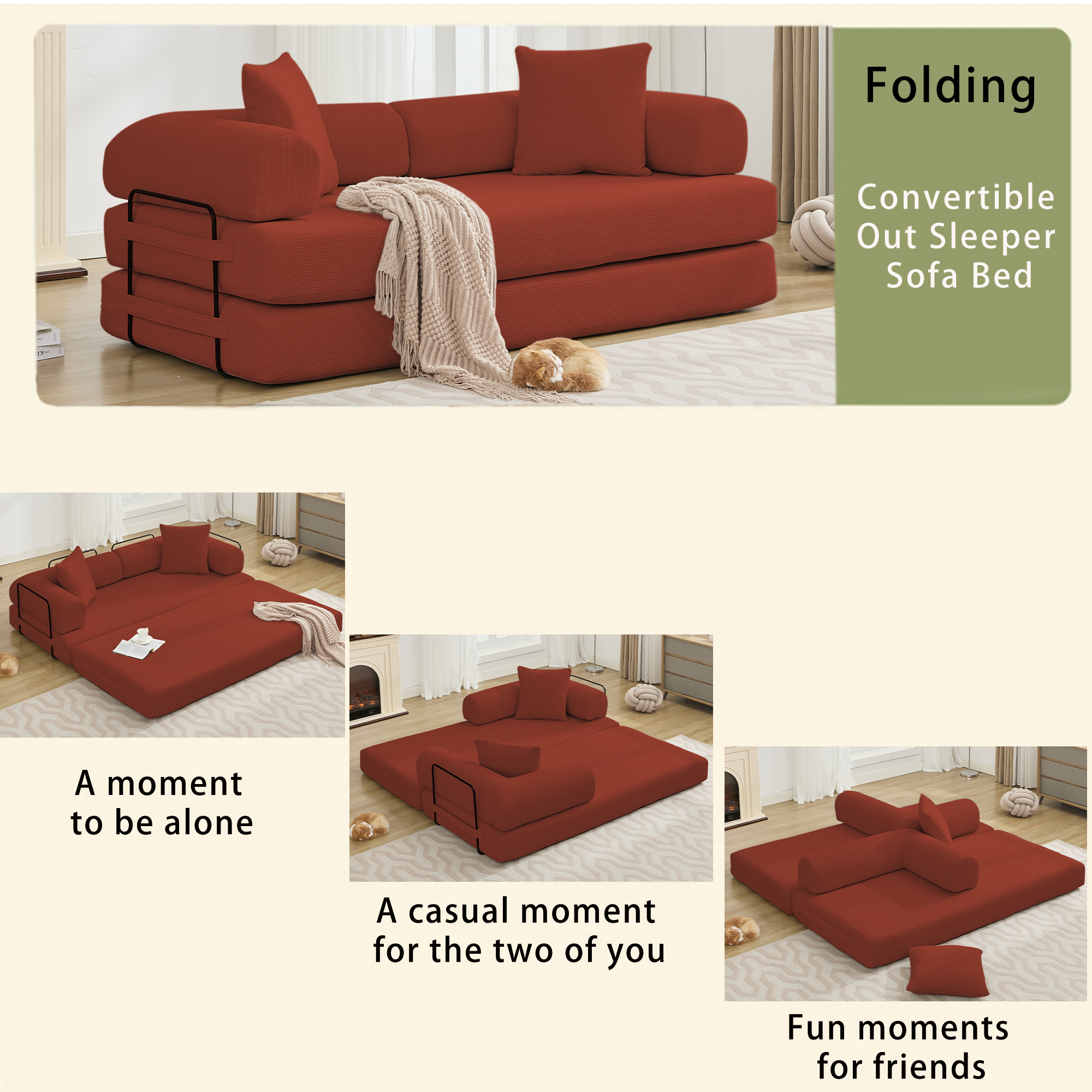 [NEW ARRIVED] [VIDEO PROVIDED] 78.5' Folding Convertible Out Sleeper Sofa Bed,5-in-1 DIY Combination Convertible  Sofa, 3 seat, Folding Sleeper Sofa, King Size , Bedroom,Apartment,Corduroy,Ancora Red