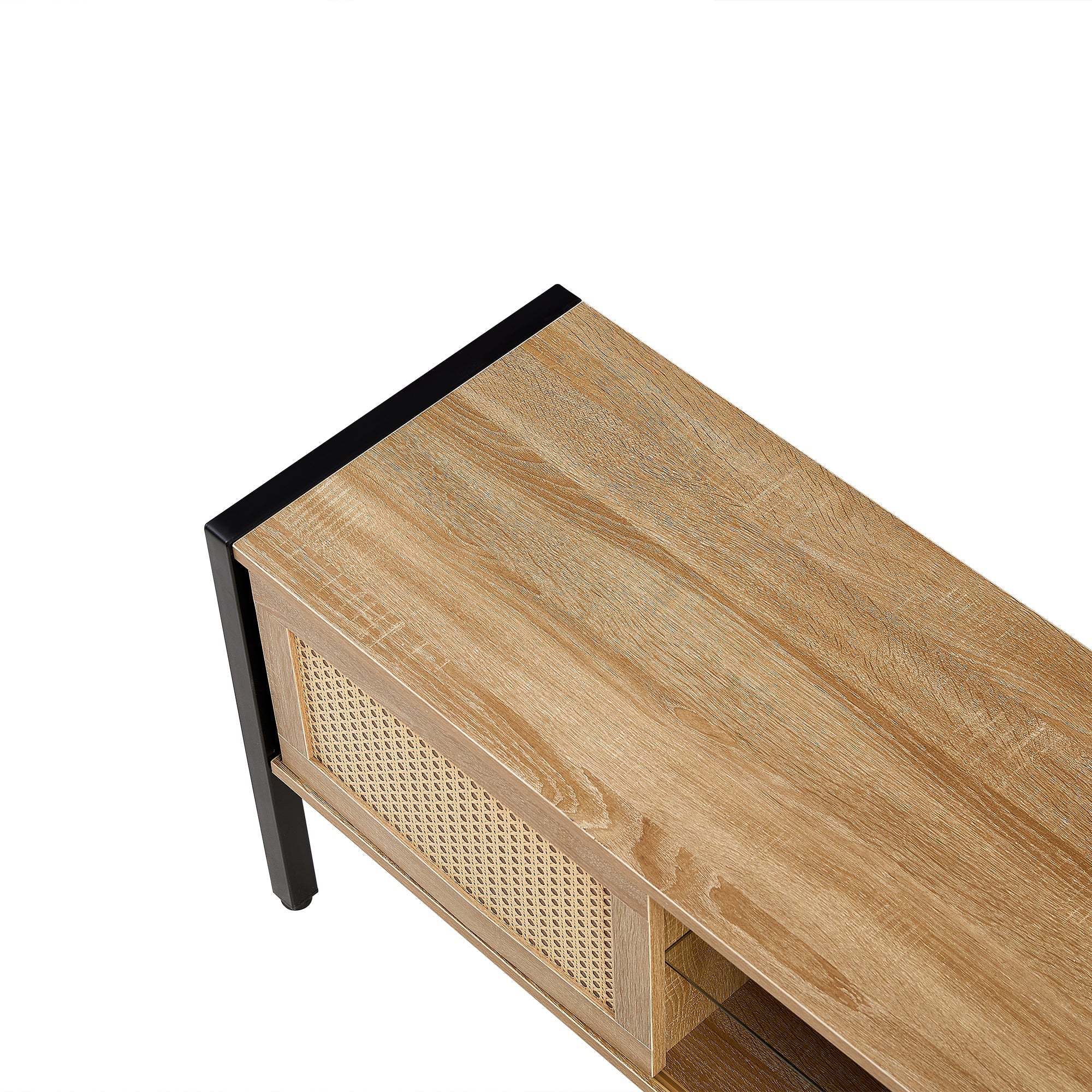 Natural Rattan TV Cabinet with Color Light Strip, Double Sliding Doors, Adjustable Shelf, Metal Legs, 54.33 Inches