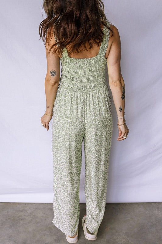 Floral Smocked Square Neck Sleeveless Jumpsuit