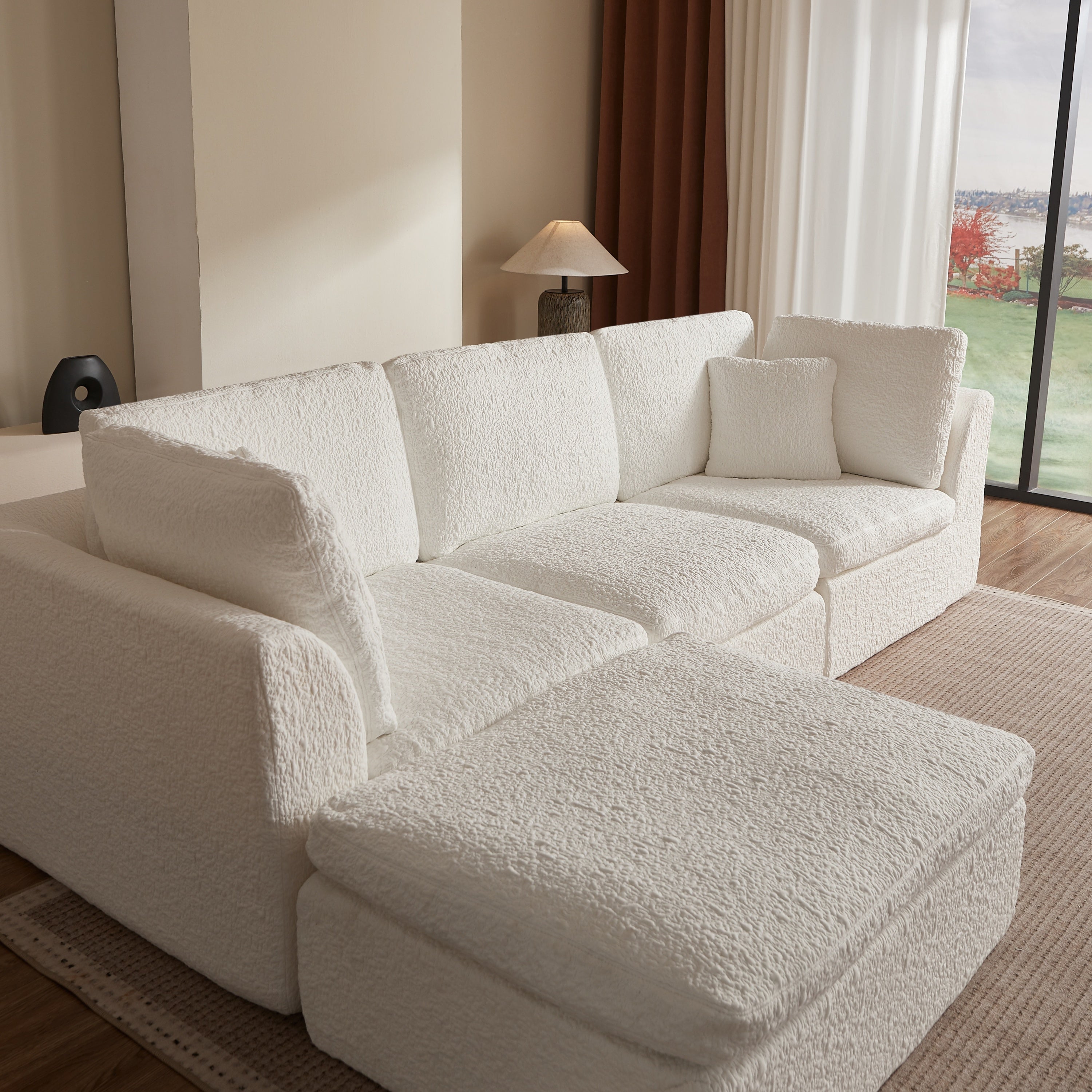 Cloud Style L-Shape Modular Sectional Sofa with Ottoman, 3 Seater Convertible Couch in Warm White, Chenille Fabric, 110' Width