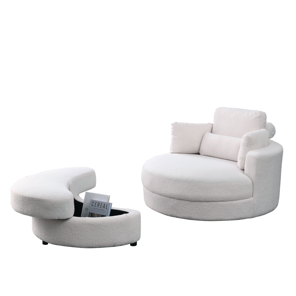 [Video] Welike Swivel Accent Barrel Modern Sofa Lounge Club Big Round Chair with Storage Ottoman TEDDY Fabric for Living Room Hotel with Pillows. *2PCS,Teddy White (Ivory)