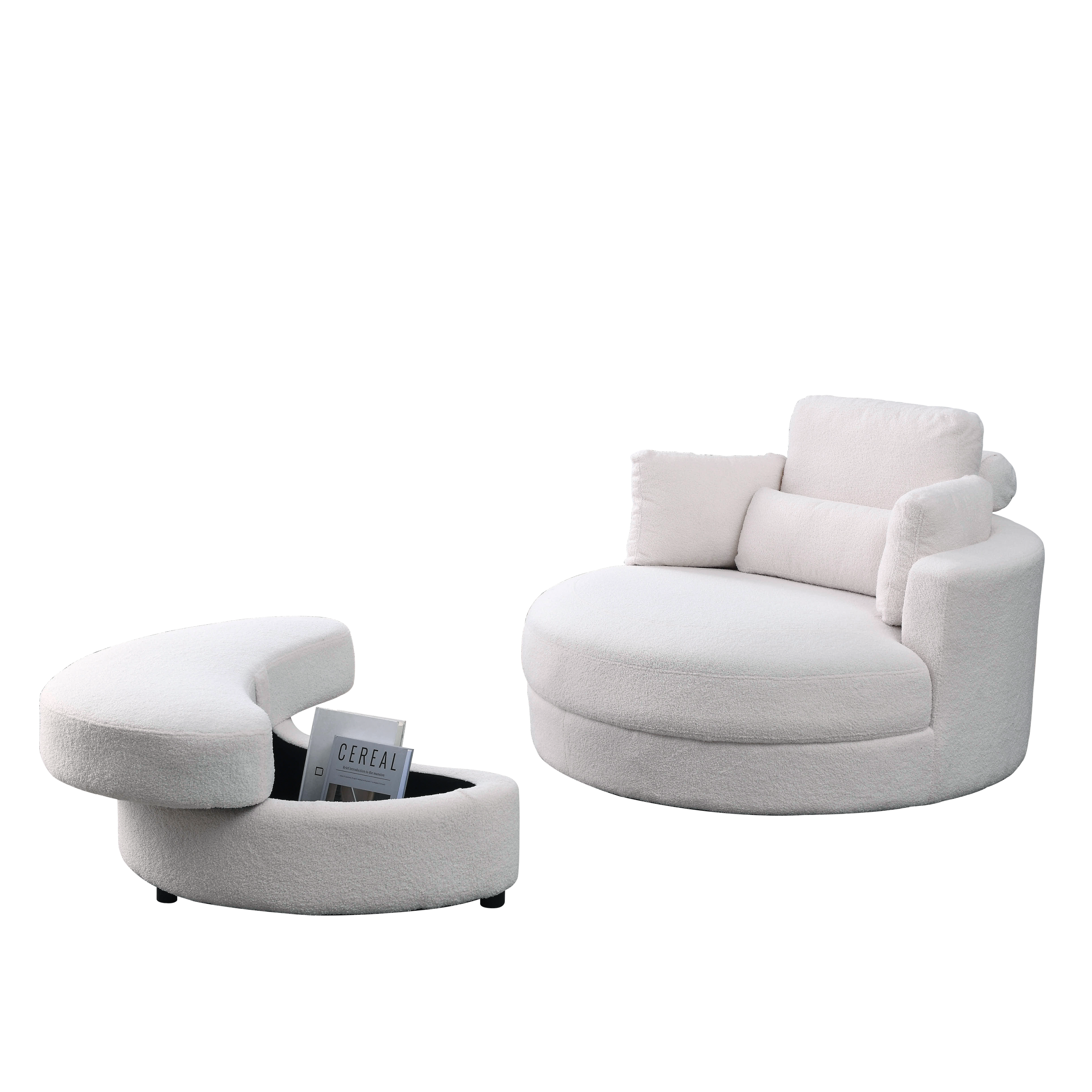 [Video] Welike Swivel Accent Barrel Modern Sofa Lounge Club Big Round Chair with Storage Ottoman TEDDY Fabric for Living Room Hotel with Pillows. *2PCS,Teddy White (Ivory)