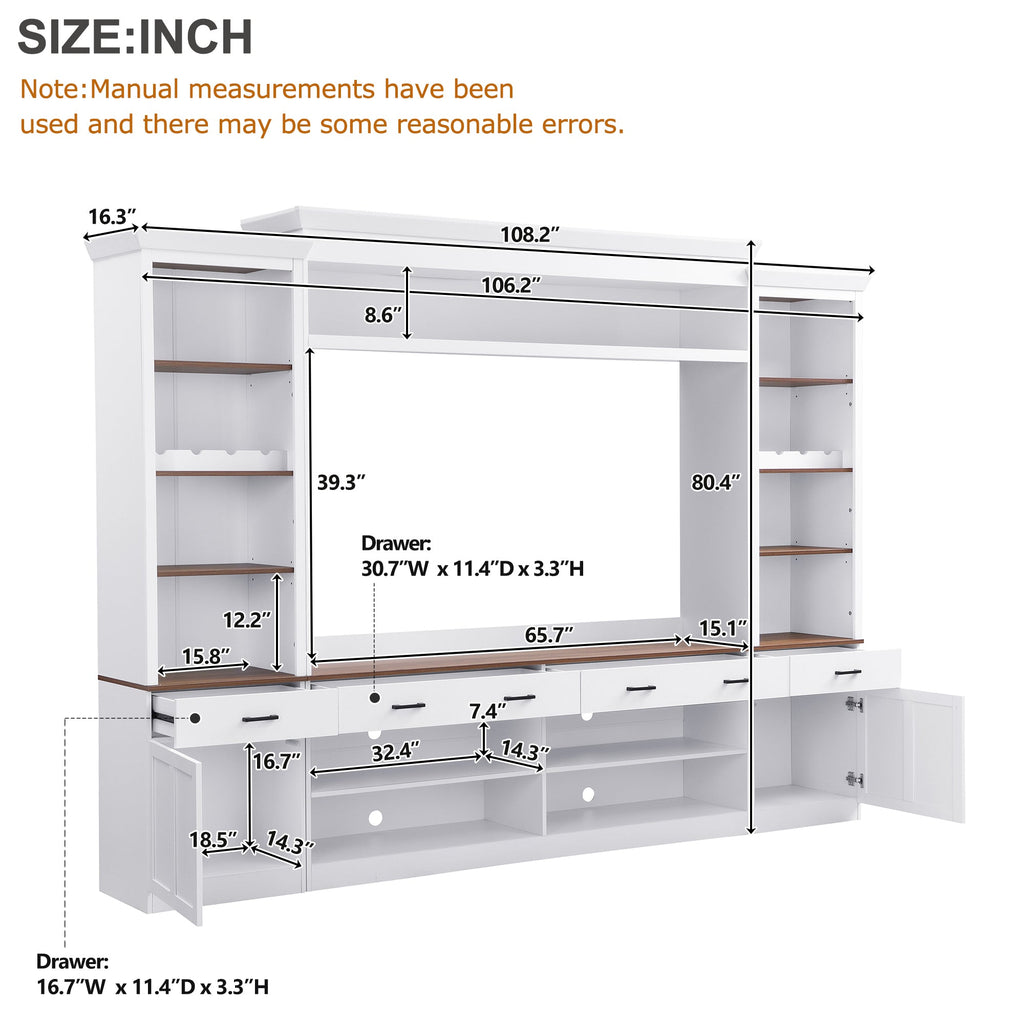 ON-TREND Farmhouse 4-Piece Entertainment Wall Unit Set with Bookshelf for TVs Up to 70', Walnut TV Stand with Adjustable Shelves, Mid-Century Large Media Console with Wine Rack for Living Room, White
