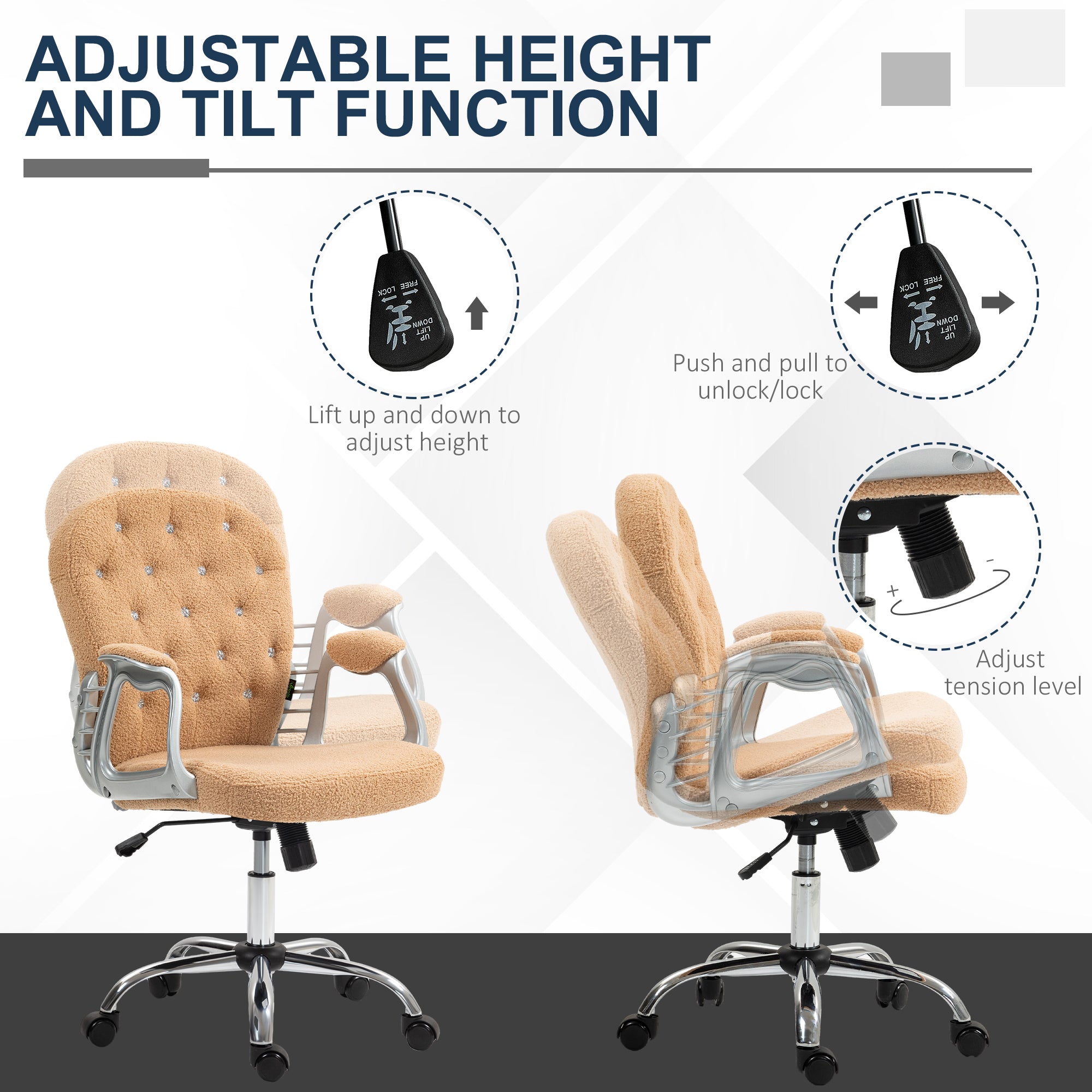Vinsetto Teddy Fleece Home Office Chair, Button Tufted Desk Chair with Padded Armrests, Adjustable Height and Swivel Wheels, Khaki