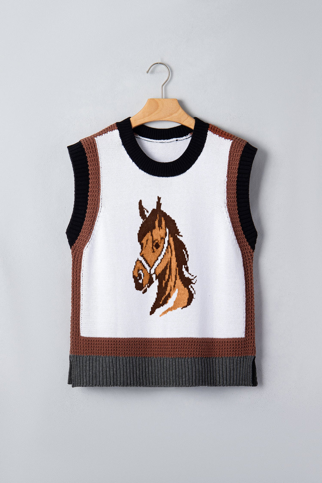 Western Horse Colorblock Trim Sleeveless Sweater Top