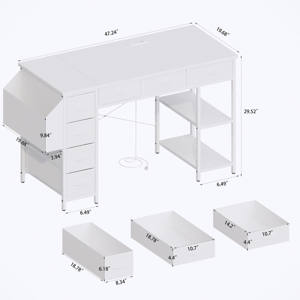 47' Computer Desk With Power Outlet,Writing Desk,Home Office desk,Vanity table with 7 Fabric Drawers, Large Side Pocket,White