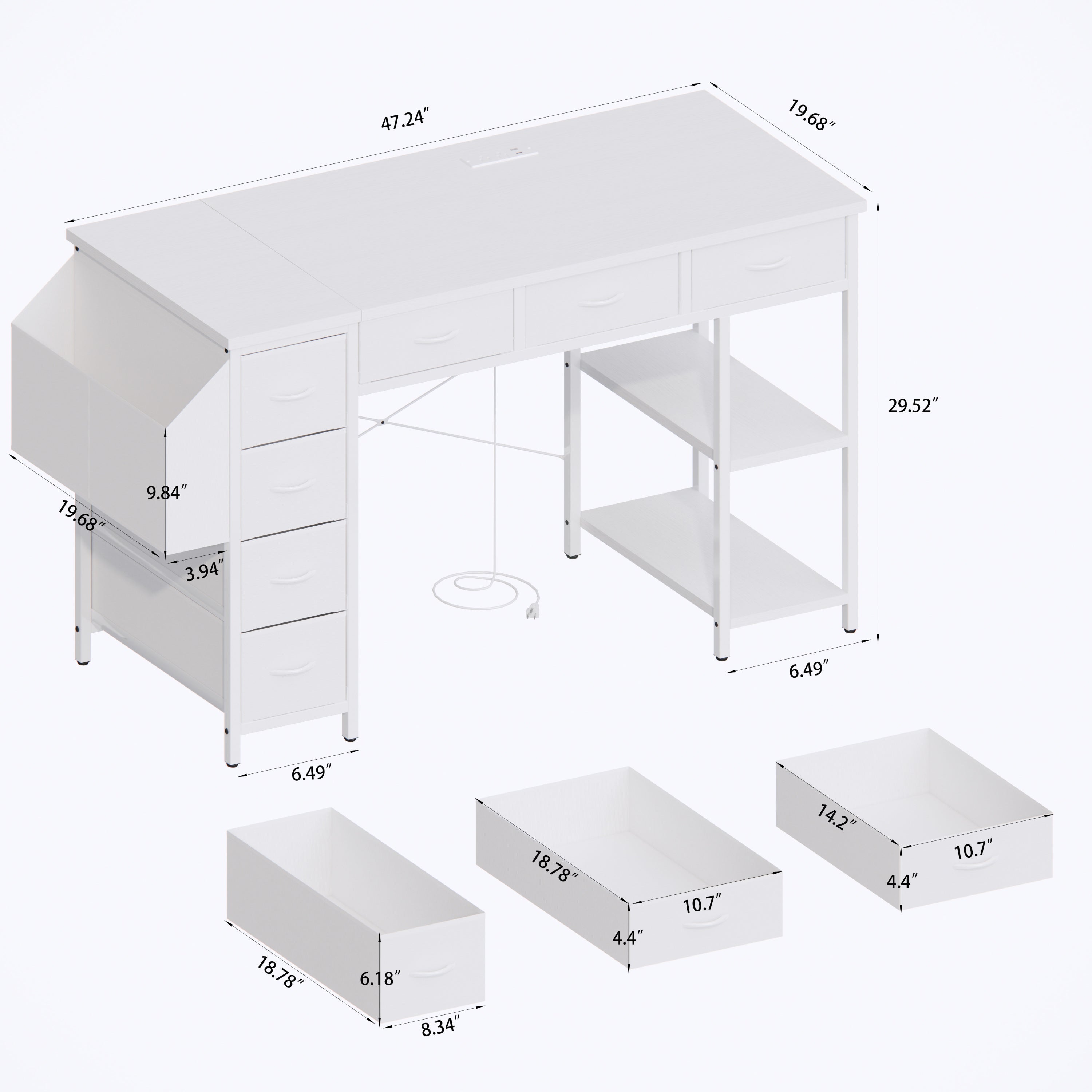 47' Computer Desk With Power Outlet,Writing Desk,Home Office desk,Vanity table with 7 Fabric Drawers, Large Side Pocket,White
