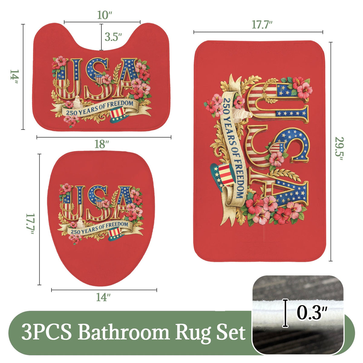 Patriotic USA 250 Years of Freedom 3-Piece Bathroom Rug Set | Ships from USA