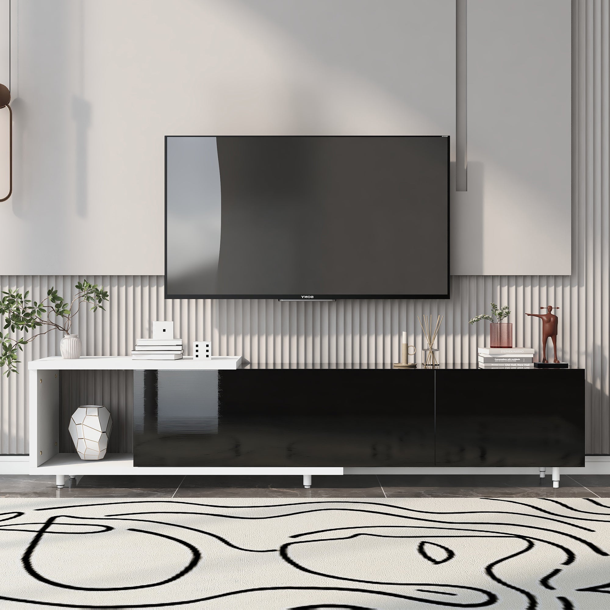 U-Can 70.1''-100'' Modern Stylish  TV Stand  TV Cabinet for 80+inch TV, White+Black, (Old SKU:WF299723AAB)