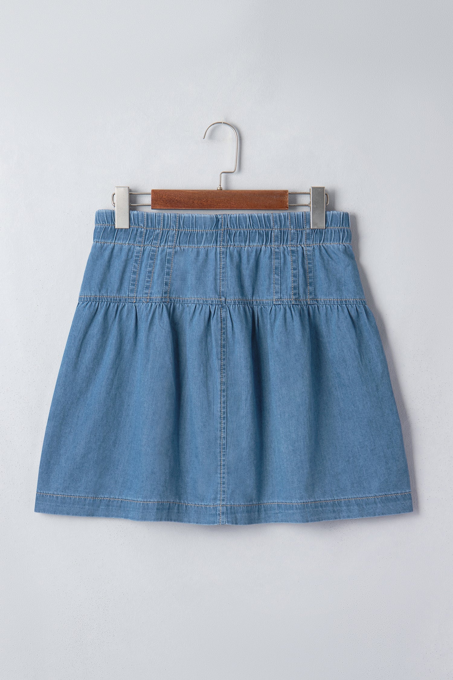 Denim Half Button Pleated Drawstring Mini Skirt