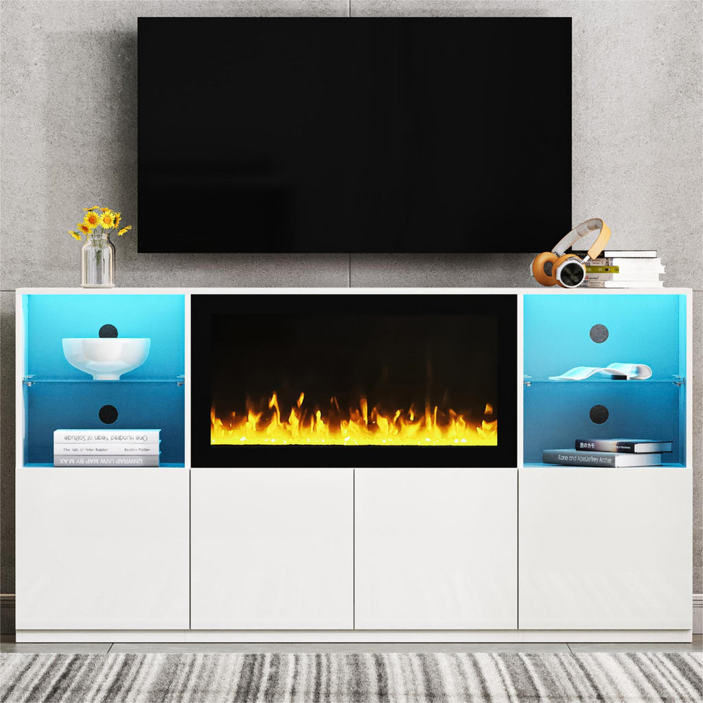 ON-TREND High Gloss TV Stand with 34.2' Non-heating Electric Fireplace, Modern Entertainment Center with LED Light, Media Console with Tempered Glass Shelves for TVs up to 75', Living Room, White