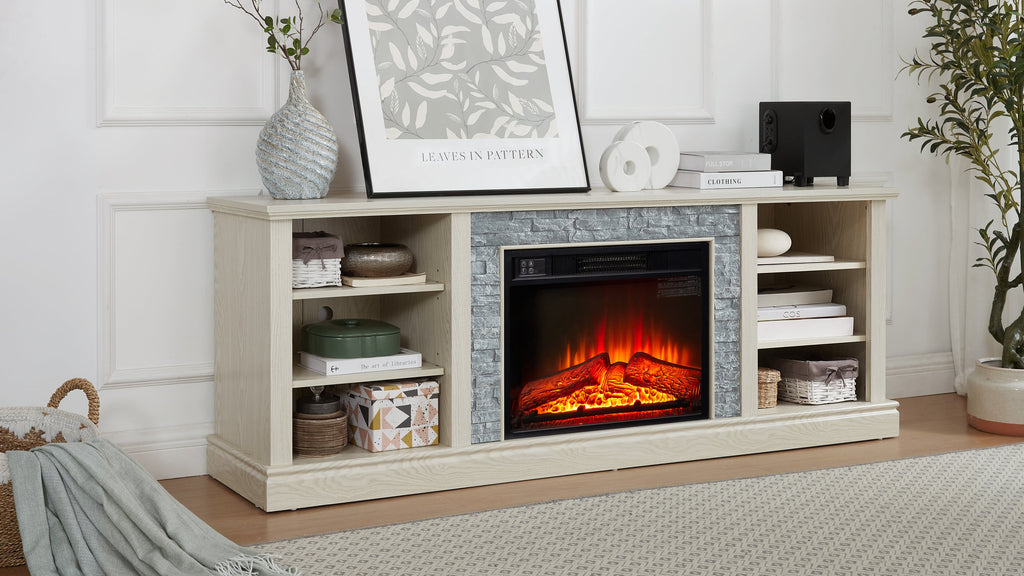 Large Faux Stacked Stone TV Desk Storage Rack, Media Console Table with Large Storage Cabinet,Modern  TV Media Stand with 23' Fireplace Insert,White, 70.12'W*15.35'D*25.83'H