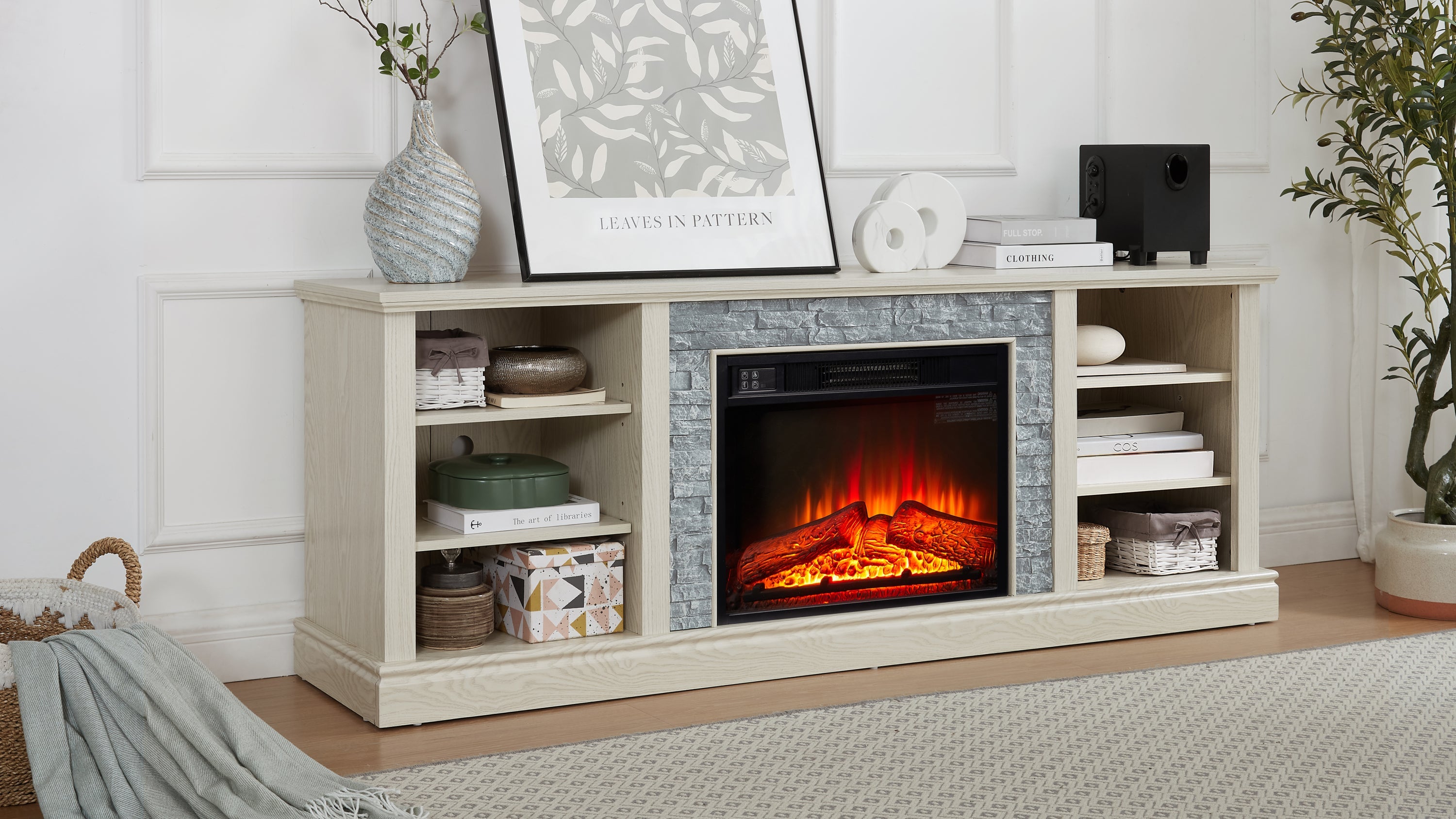 Large Faux Stacked Stone TV Desk Storage Rack, Media Console Table with Large Storage Cabinet,Modern  TV Media Stand with 23' Fireplace Insert,White, 70.12'W*15.35'D*25.83'H
