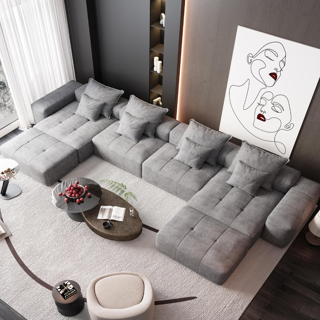 Modern Oversized Modular Sectional Sofa, Sparkling Chenille Fabric Soft Cushion Sofa with 8 Pillows, 8 PCS DIY Combination Tufted Sofa, No Assembly Required, GREY