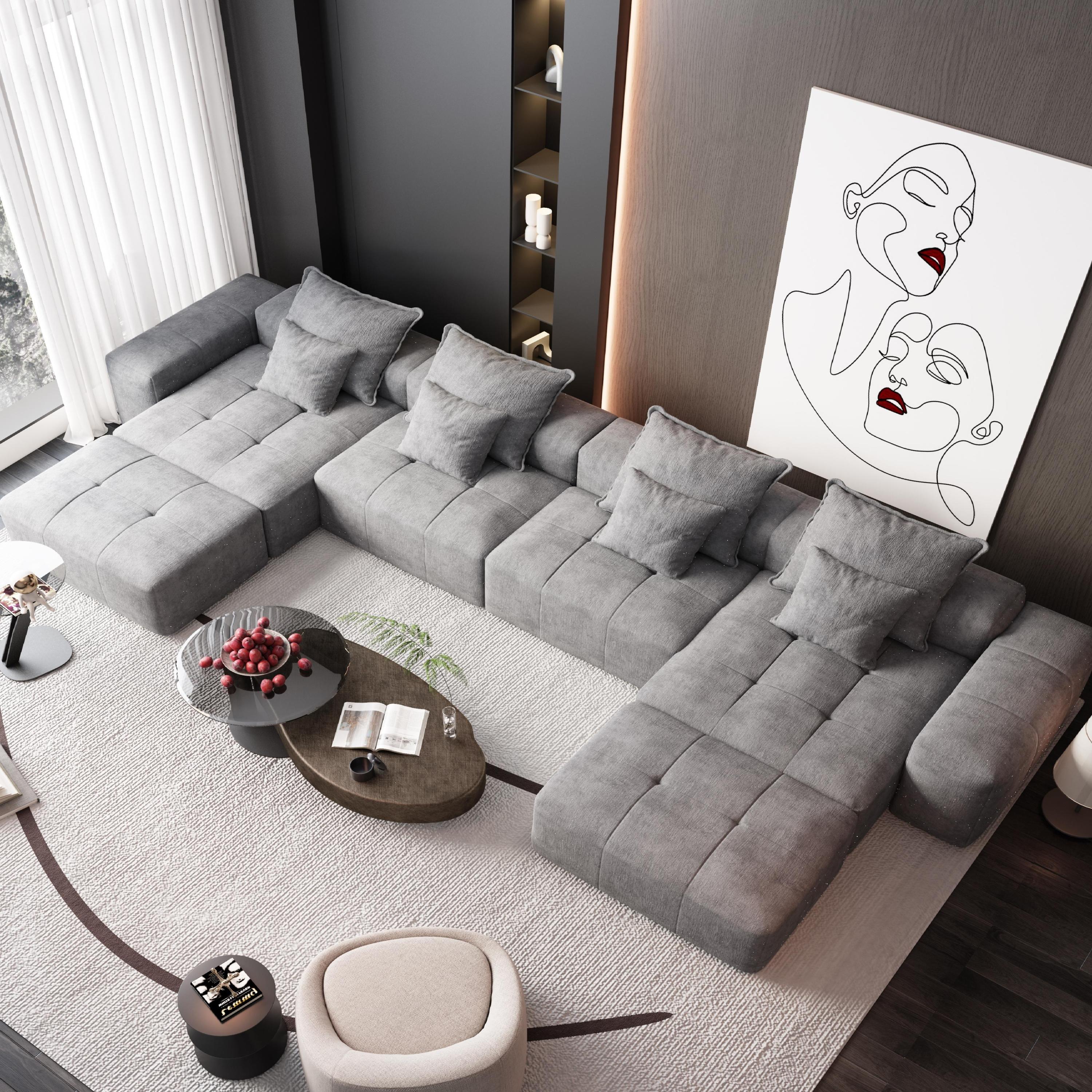 Modern Oversized Modular Sectional Sofa, Sparkling Chenille Fabric Soft Cushion Sofa with 8 Pillows, 8 PCS DIY Combination Tufted Sofa, No Assembly Required, GREY