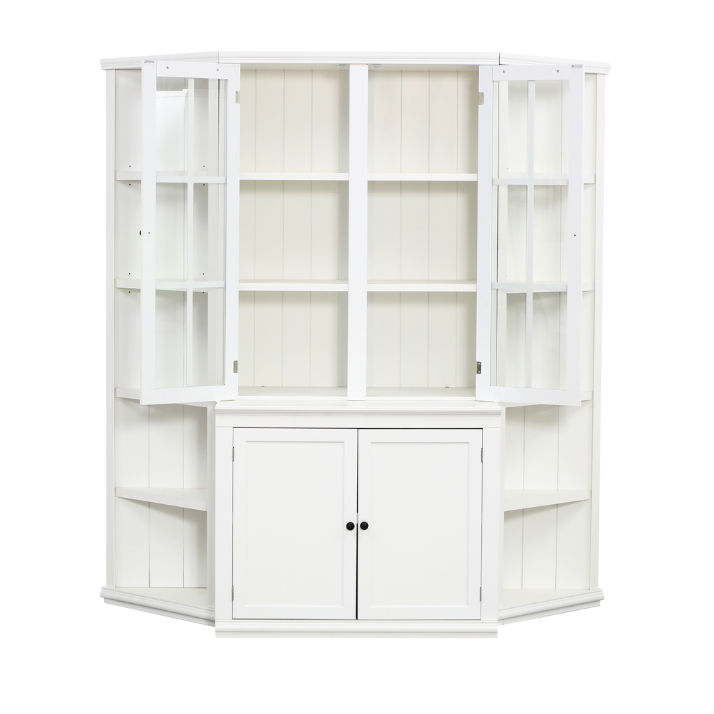 75.25'' Tall Display Cabinet and Two Triangle Sided Bookshelves, 69.25'' Wide Retro Style Wall Suit with Glass Doors, for Hallways, Living room, Office, Studio or Workspace - White