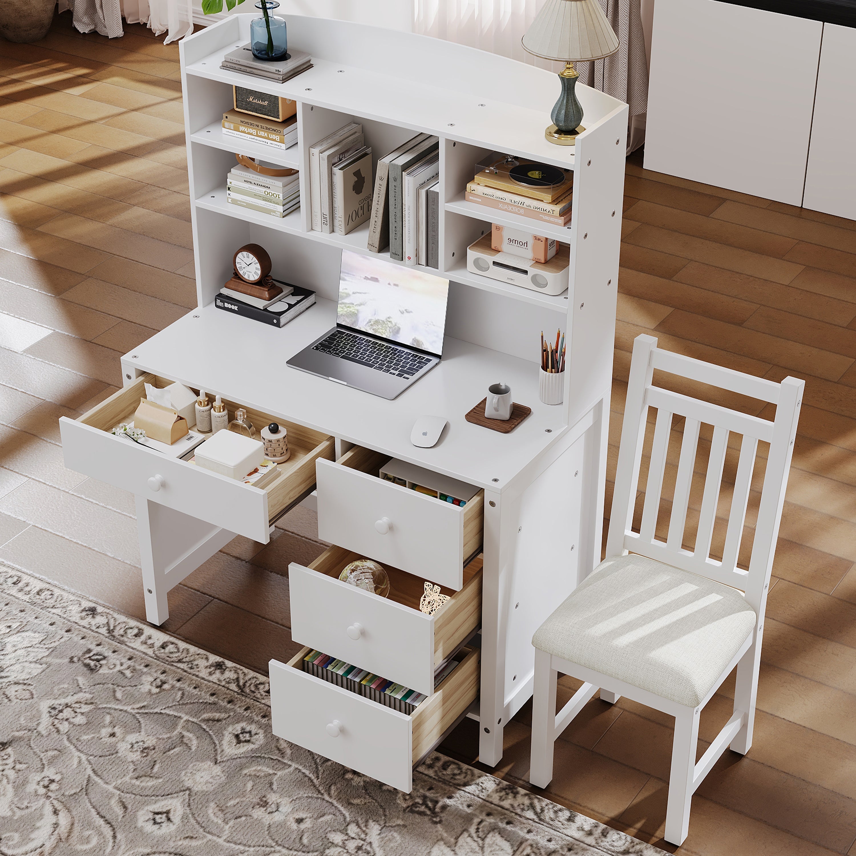 Vintage 40'' Home Executive Desk and Upholstered Chair Set with Bookshelf, Computer Desk with Four Drawers, Storage Shelf, and Chair, Ideal for Office or Study in Bedroom or Living Room,White
