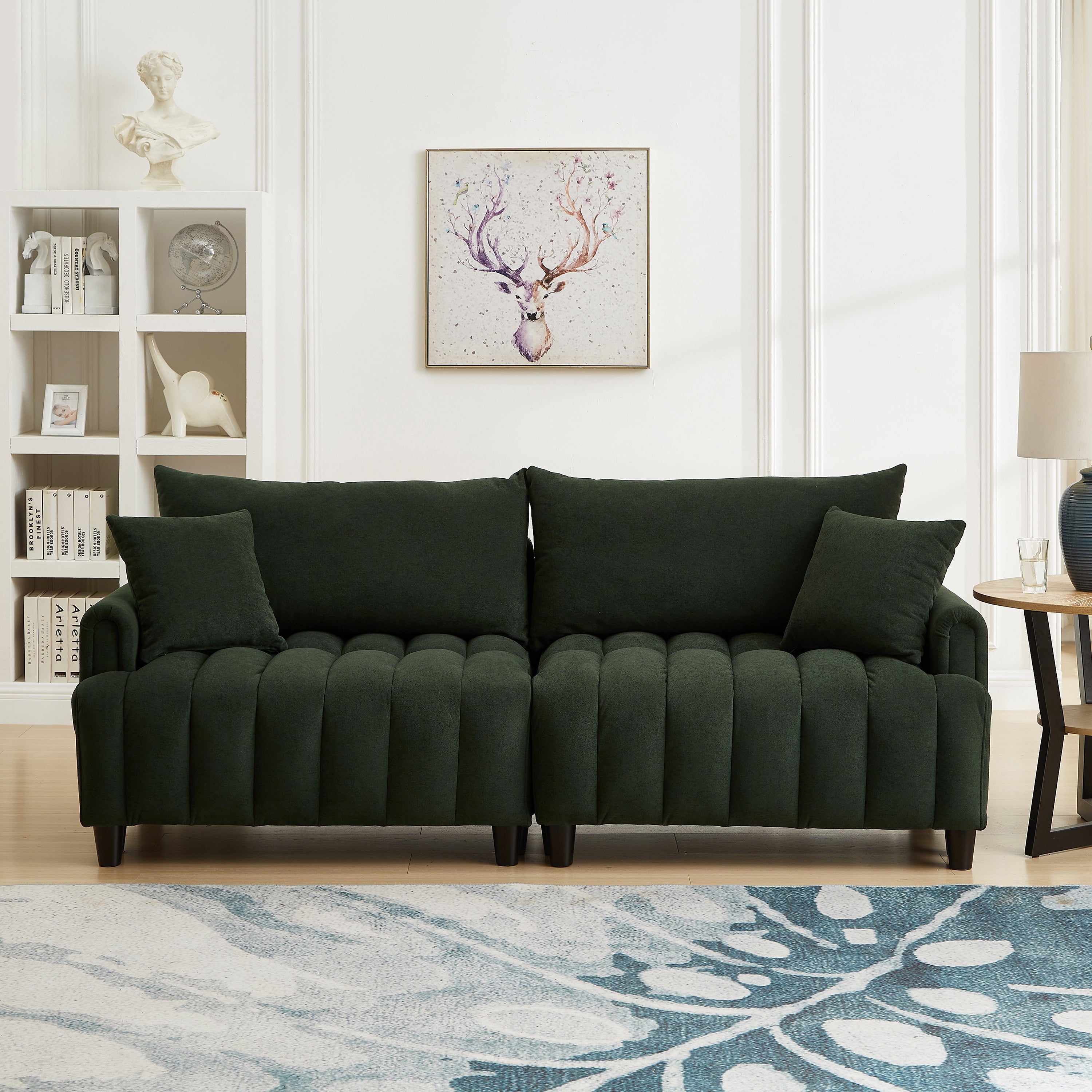 83'' Futon Sofa Bed, Polyester Fabric Comfy Futon Couch Bed with 2 Square Pillows, Convertible Sleeper Sofa with Adjustable Backrest,  Modern Loveseat Sleeper for Living Room, Dark Green