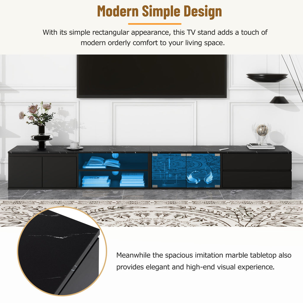 ON-TREND Modern APP Controlled LED TV Stand for TVs Up to 105'', Faux Marble Tabletop Media Console with Tempered Glass Doors, Entertainment Center with 2 Drawers & Cabinets for Living Room, Black