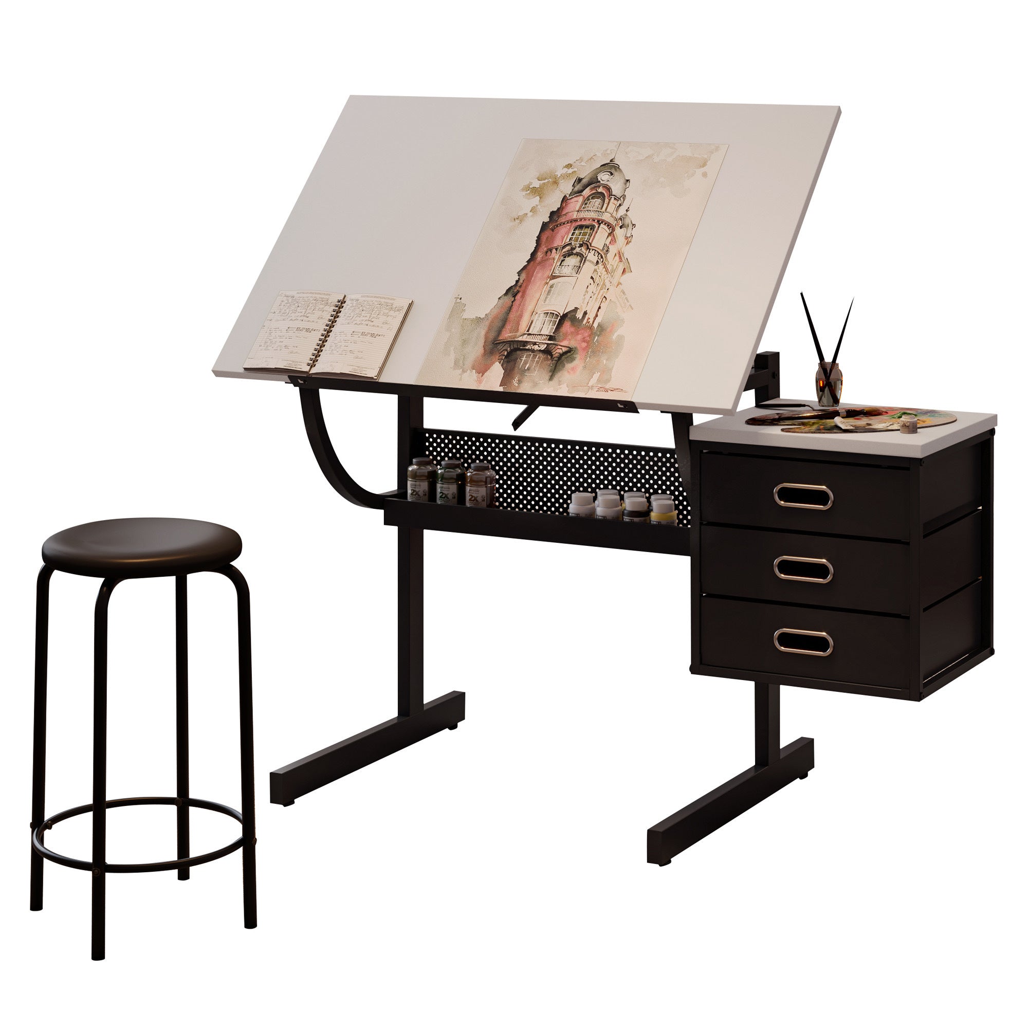 White adjustable drafting drawing table with stool and 3 drawers