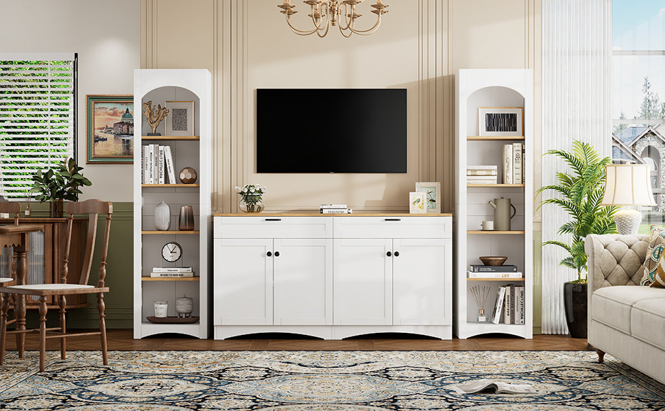 ON-TREND 3-Piece Farmhouse Entertainment Center with Storage Cabinet for TVs Up to 70', Mid-Century TV Stand with Bookshelf, Rustic Versatile Sideboard with Adjustable Shelves for Living Room, White