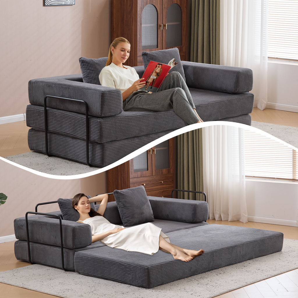Floor Couch,Compression Sofa,Convertible Floor Sofa Bed-with Pillow Back Support Armrest,Comfy Futon Couch Lounge Sleeper Bed,Corduroy Fabric,for Living Room Bedroom (dark grey)