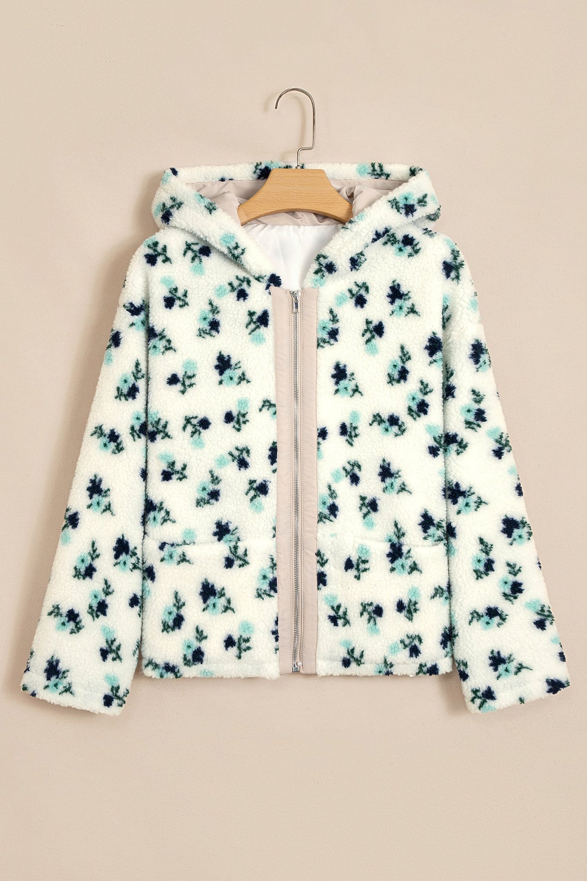 Floral Sherpa Fleece Zip-Up Hooded Jacket