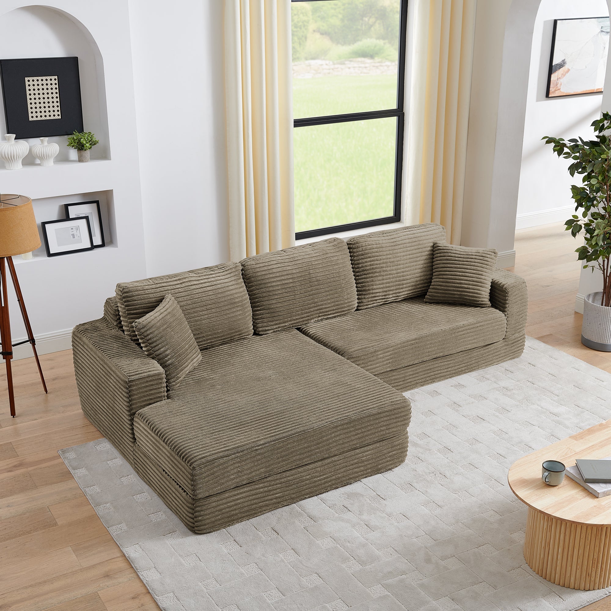 Left sofa seat,L shape Modular Sectional Sofa, Compressed Sectional Sofa Modern Minimalist Style Corduroy Couch,Unfold into a bed, Bedroom, Comfy Compressed Sofa Couch Space-Efficient Design-Brown