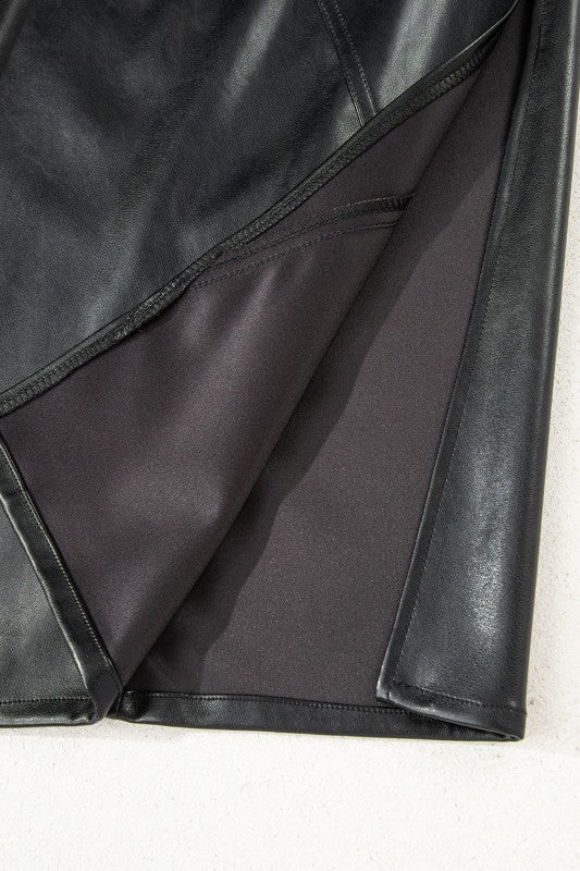 Solid Faux Leather Side Slit Maxi Skirt
