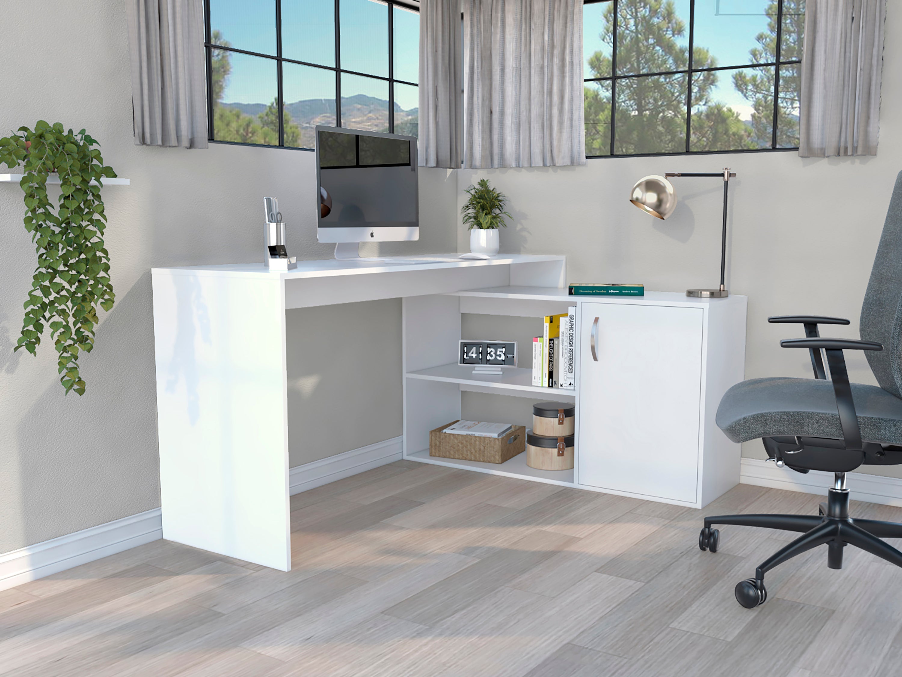 Axis Modern L-Shaped Computer Desk with Open & Closed Storage -White