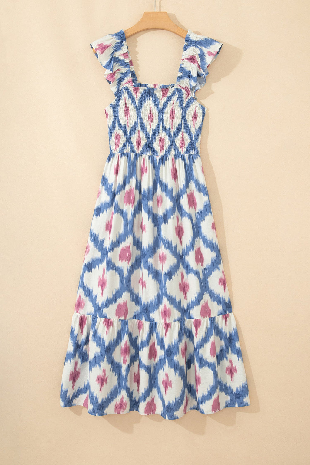 Boho Geometric Smocked Square Neck Ruffle Dress