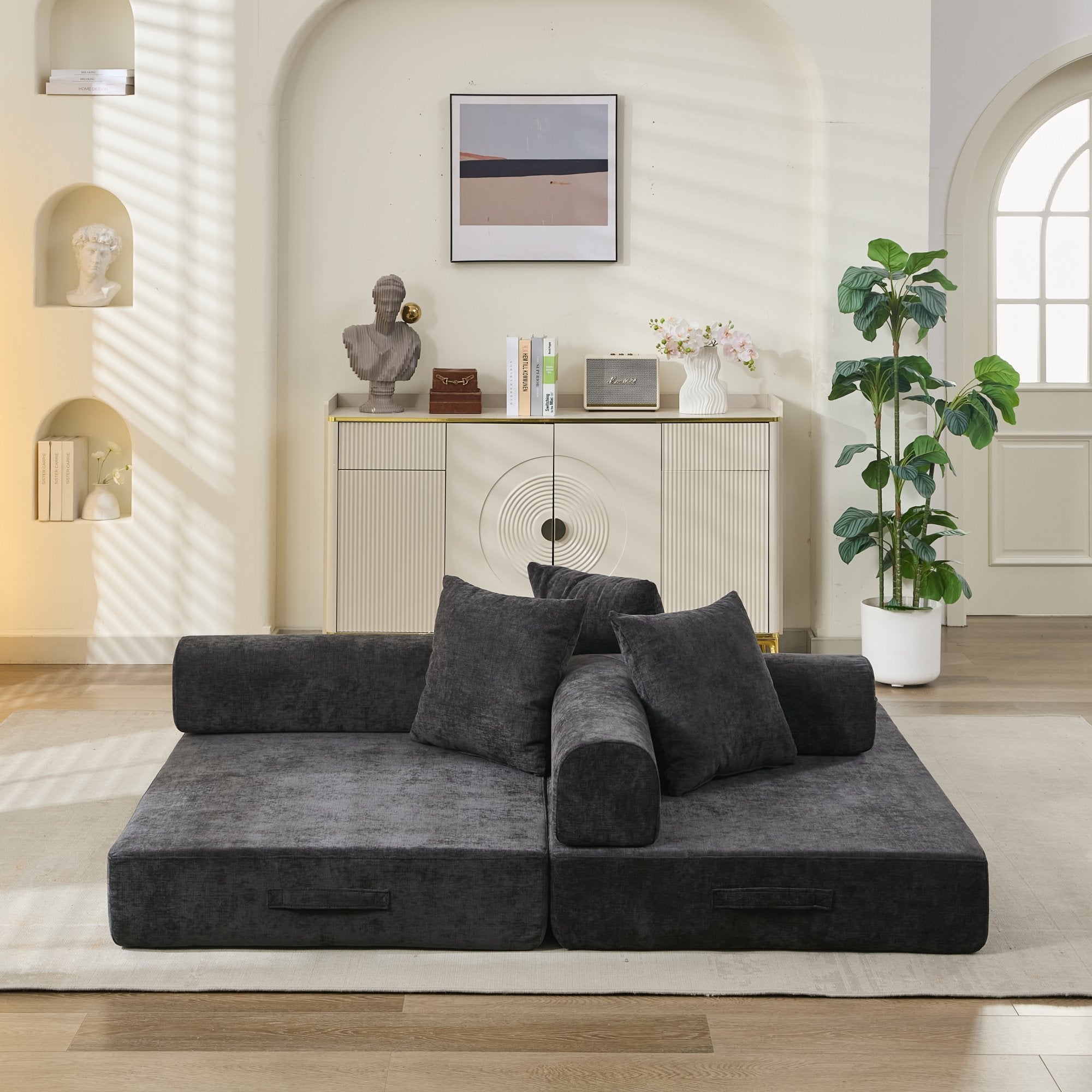 Comfy Convertible Folding Mattress Couch, Floor Sofa Bed, Chenille Floor Sofa with Armrest, Floor Sofa Lounge Couch for Living Room Bedroom Lounge Studio-Black