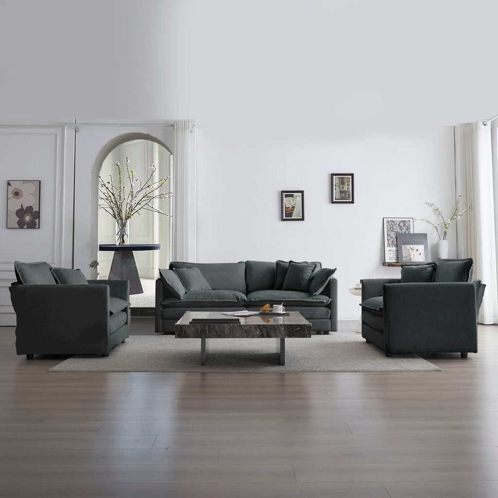 3 Piece Sofa Set with Arm Pillows and Toss Pillows , Sofa Set Include 2- Piece of Arm Chair and One 2-seat Sofa, Space Saving Casual Sofa Set for Living Room, Gray Chenille