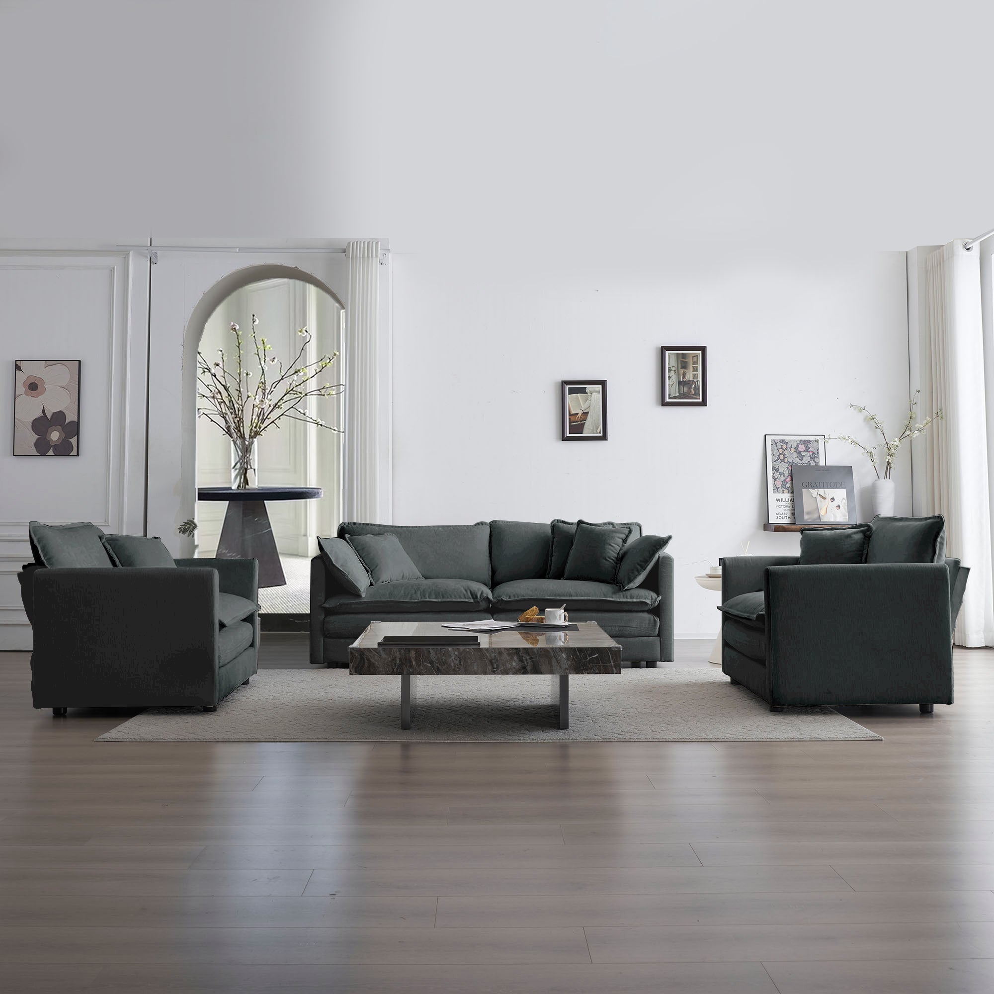 3 Piece Sofa Set with Arm Pillows and Toss Pillows , Sofa Set Include 2- Piece of Arm Chair and One 2-seat Sofa, Space Saving Casual Sofa Set for Living Room, Gray Chenille