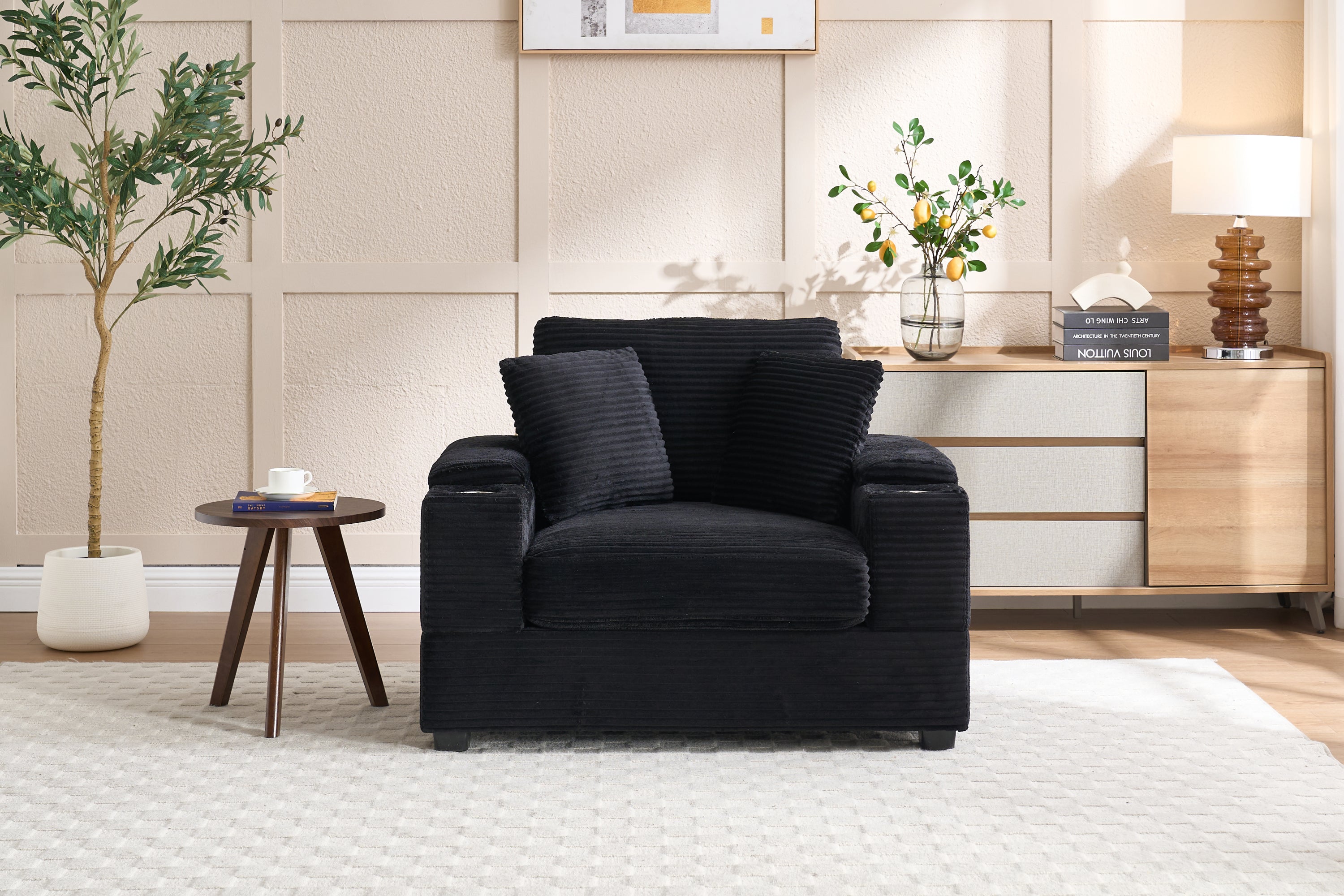 [VIDEO/New]Corduroy Upholstered Chaise Lounge Sofa with Handrail storage,Movable ottoman,Cupholders,Detachable Cushions Deep Seat for Living Room Office,5 colour,Wide stripe corduroy