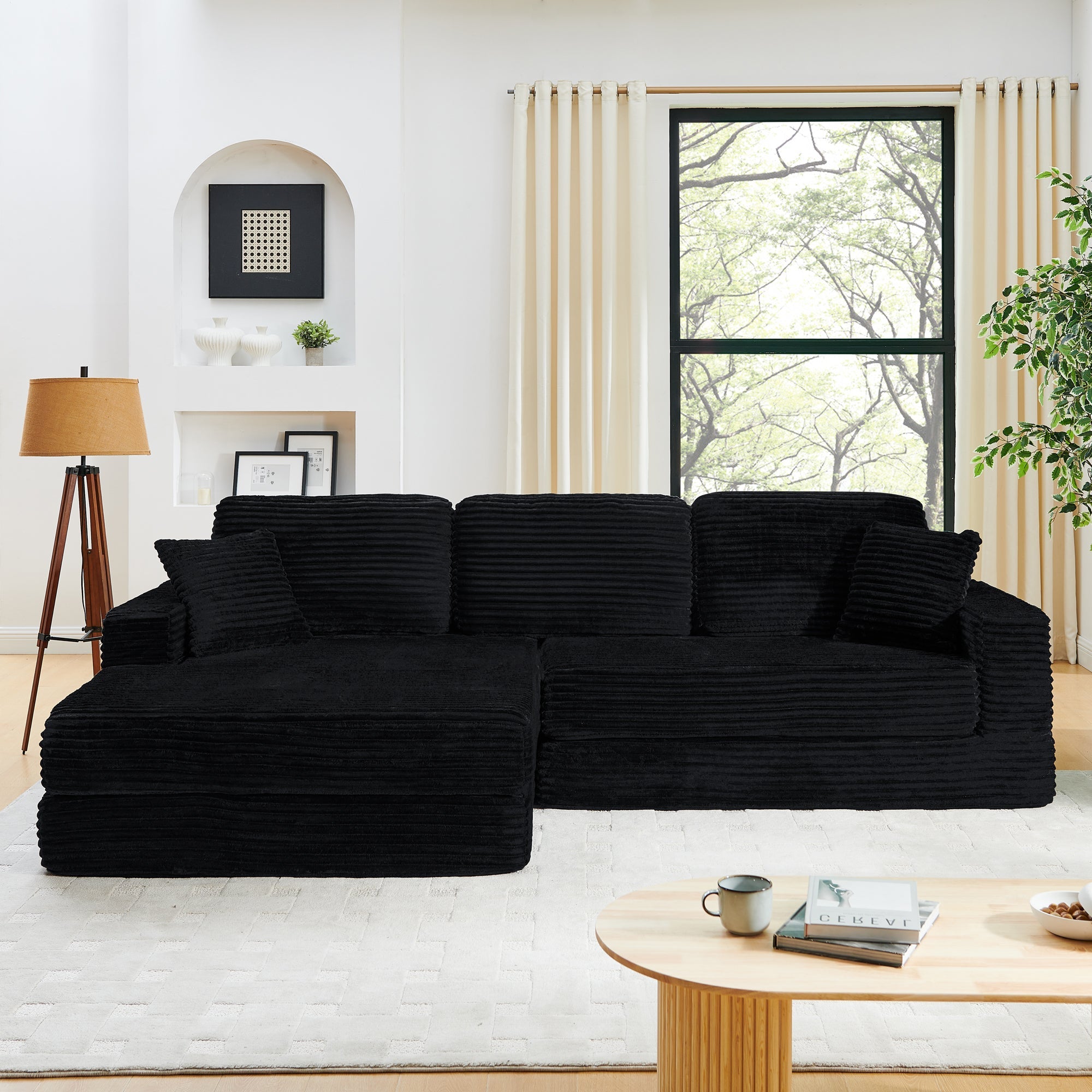 Modern Minimalist L-Shape Modular Sectional Sofa Bed with Corduroy Fabric in Black