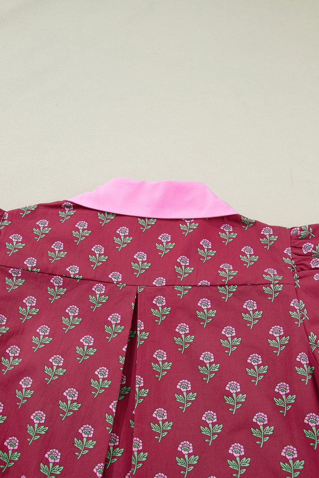 Floral Contrast Collared V-Neck Ricrac-Trim Blouse