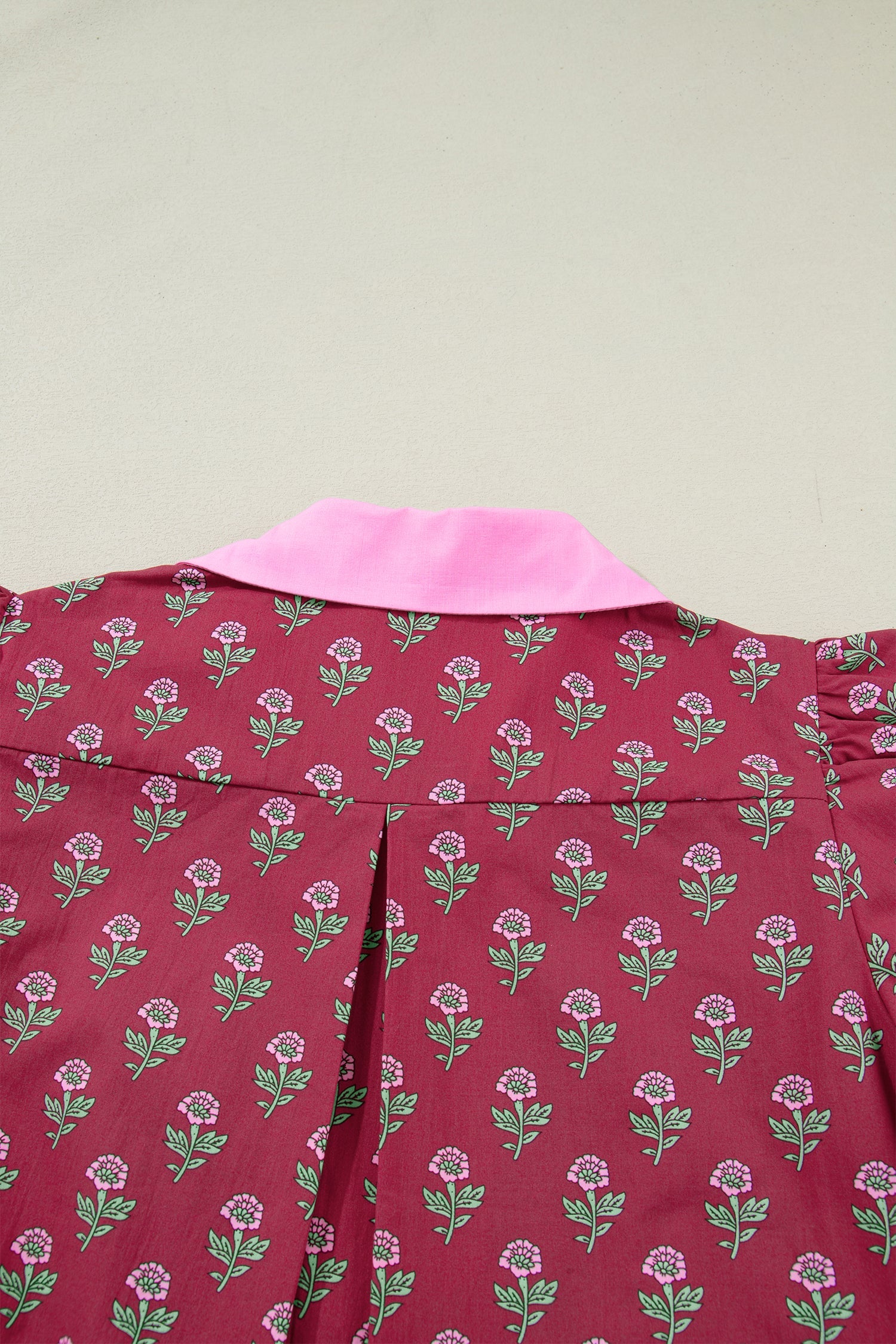 Floral Contrast Collared V-Neck Ricrac-Trim Blouse