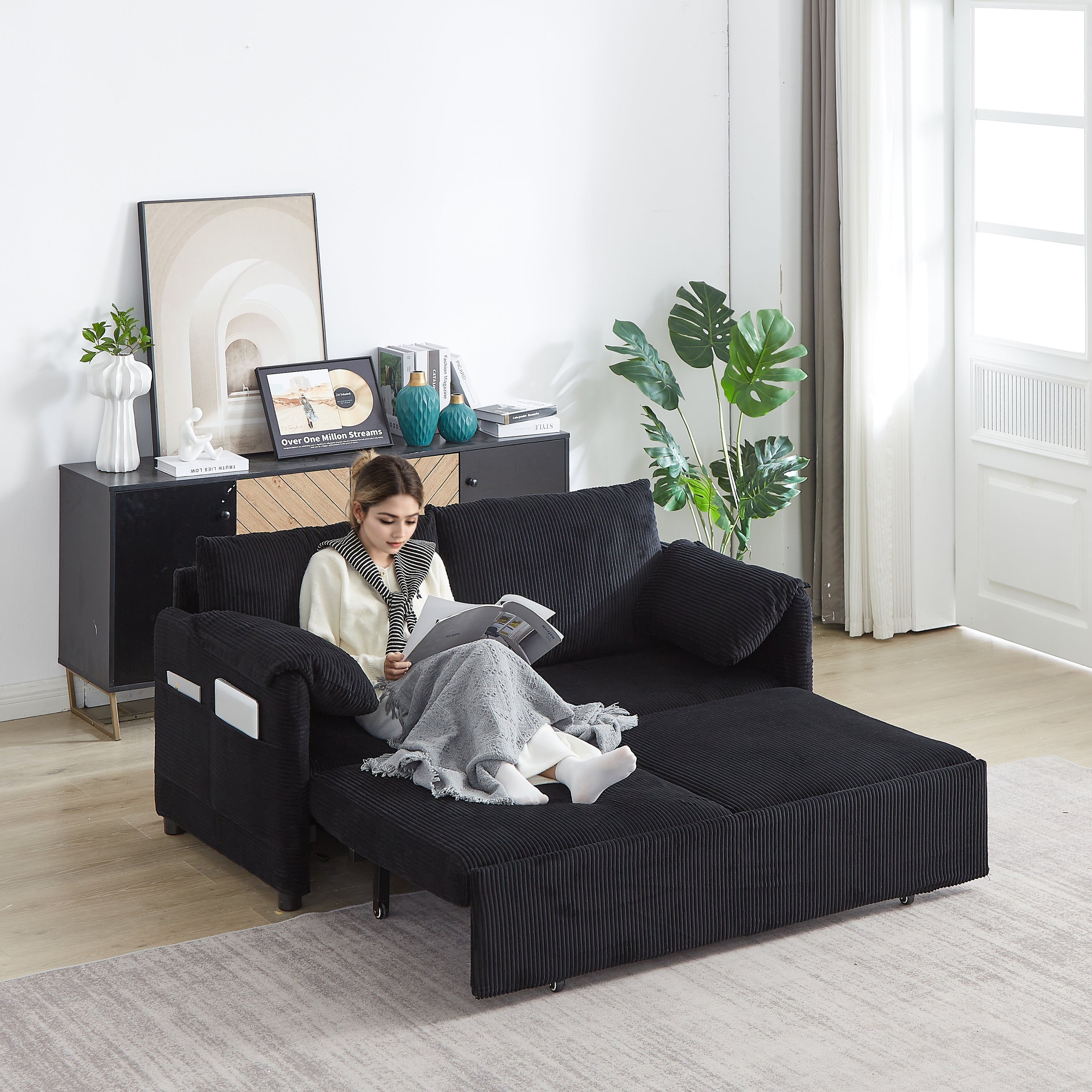 MH'' 64.5 Inch Sleeper Sofa Bed  3-in-1 Adjustable Sleeper with Pullout Bed   2 Pillows and Side Pockets  Soft Corduroy Convertible Sleeper Sofa Bed for Living Room Bedroom Apartment Office
