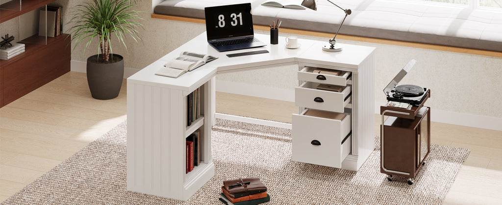57.68' Modern L Shaped Executive Desk with 2 Storage Cabinets and 3 Drawers,Corner Writing Desk,Office Desk Furniture,Computer Desks with Depth Workstation for Home Office,Living room,White