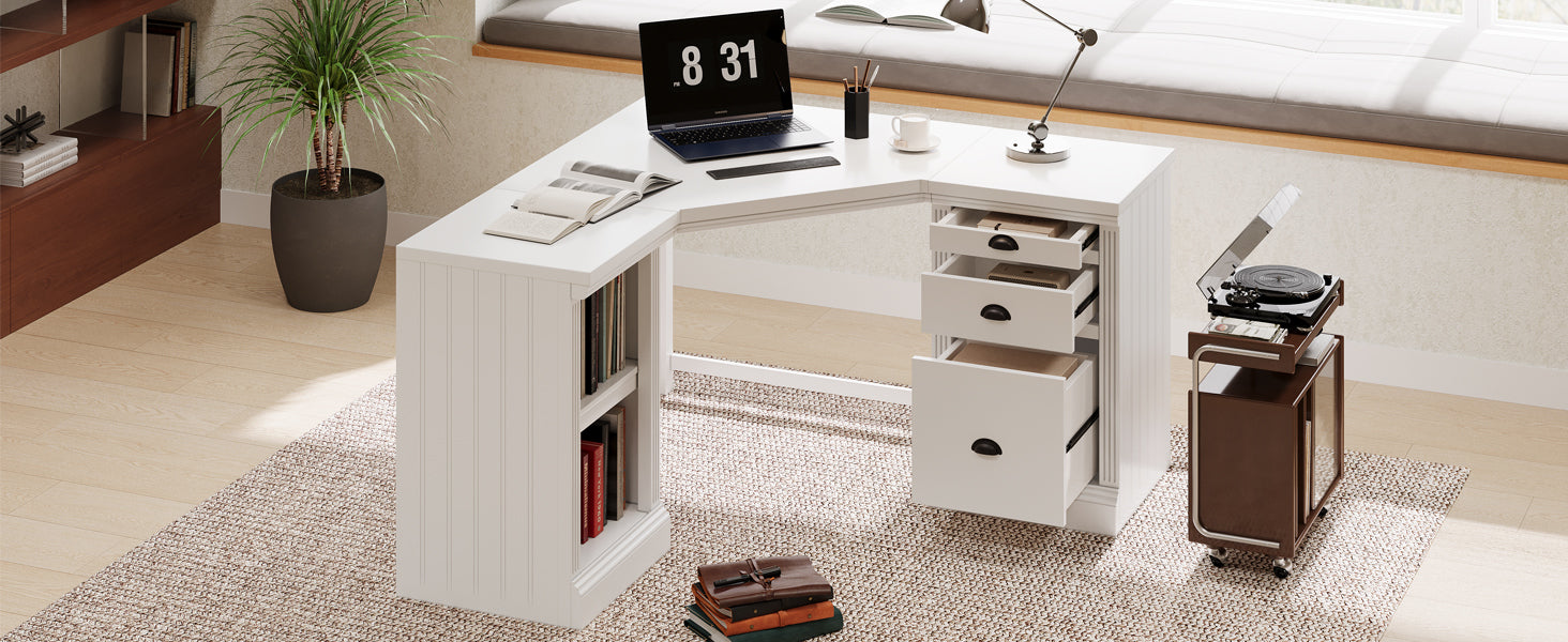 57.68' Modern L Shaped Executive Desk with 2 Storage Cabinets and 3 Drawers,Corner Writing Desk,Office Desk Furniture,Computer Desks with Depth Workstation for Home Office,Living room,White
