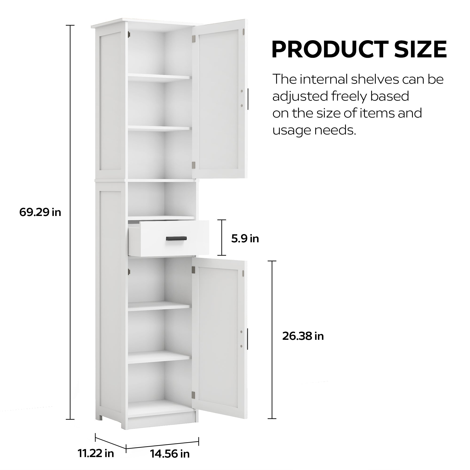 69' H Tall Bathroom Storage Cabinet with 2 Barn Doors and 1 Drawer, Narrow Storage Unit, Adjustable Shelves,Floor Cabinet for Bathroom, Living Room, Entryway,Kitchen,(White)
