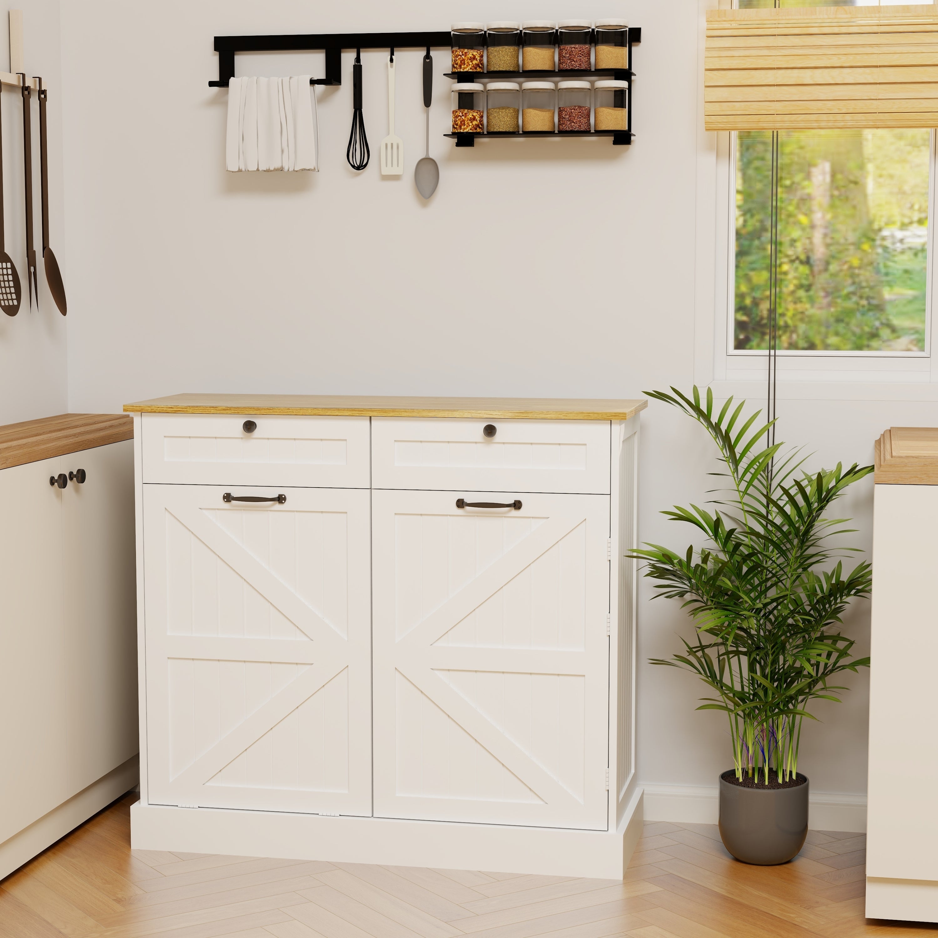 Kitchen Trash Can Storage Cabinet with 2 Drawers & 1 Tilt Out Trash Cabinet & 1 door with storage rack & 2 Shelves for Kitchen, Dinning Room, Living Room-White