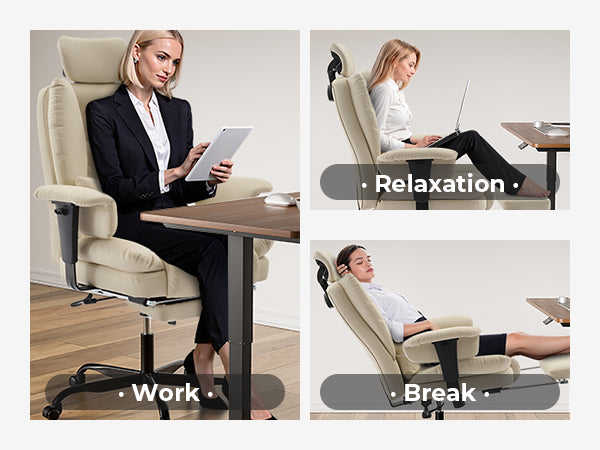 Office Chair Ergonomic 200 kg PU Leather Computer Chair with Lumbar Support and High Backrest, Ergonomic Desk Chair with Liftable Headrest, Beige